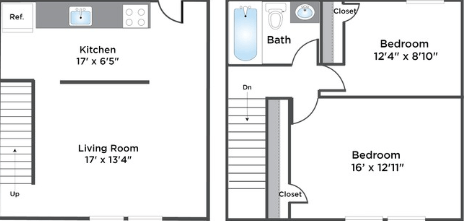 Floor plan for 2 beds, 1 bath, 837 sqft